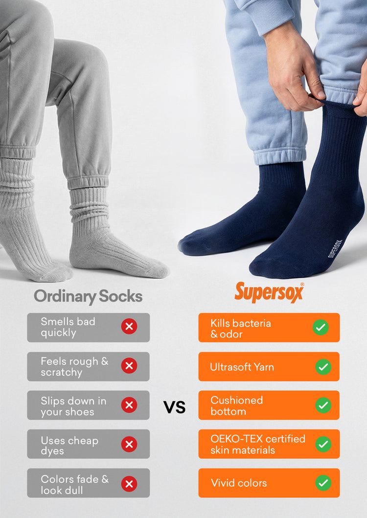 An image of Supersox socks compared with ordinary socks showing comfort and durability benefits
