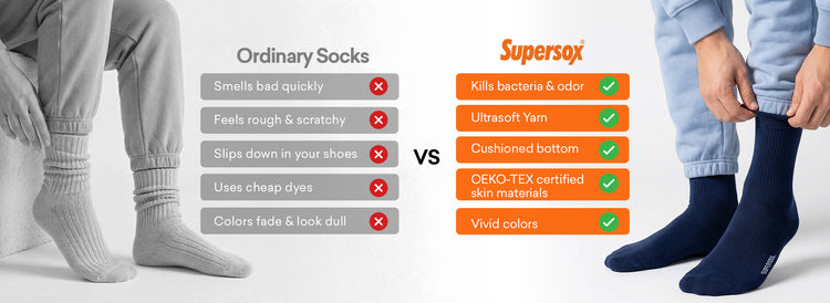 A banner image of Supersox socks compared with ordinary socks showing comfort and durability benefits