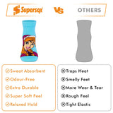 An image of a Supersox blue kids sock with a cartoon character design compared with a gray ordinary sock silhouette, highlighting product benefits