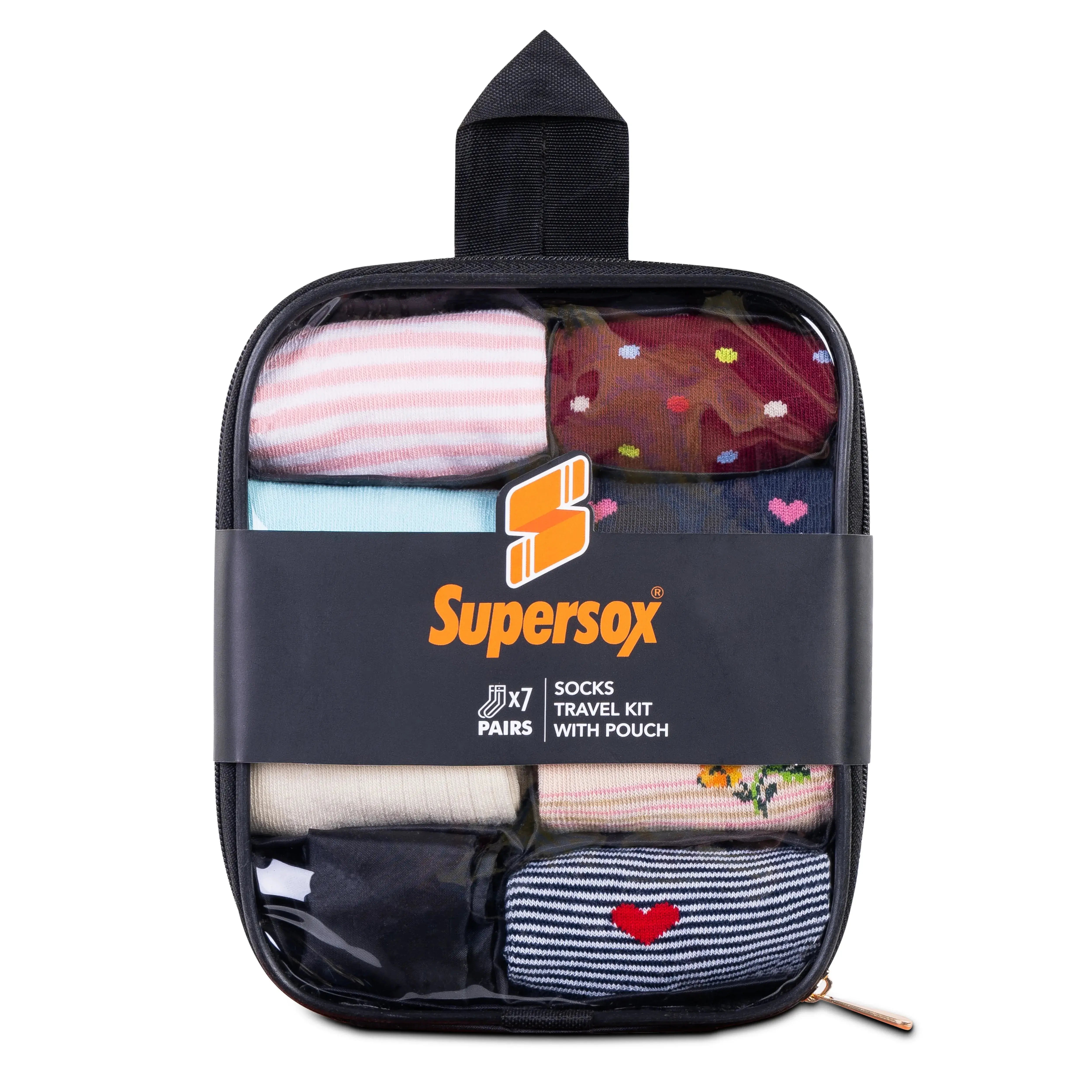 WomenÃ¢â‚¬â„¢s travel pouch with Supersox branding, shown closed on white background.